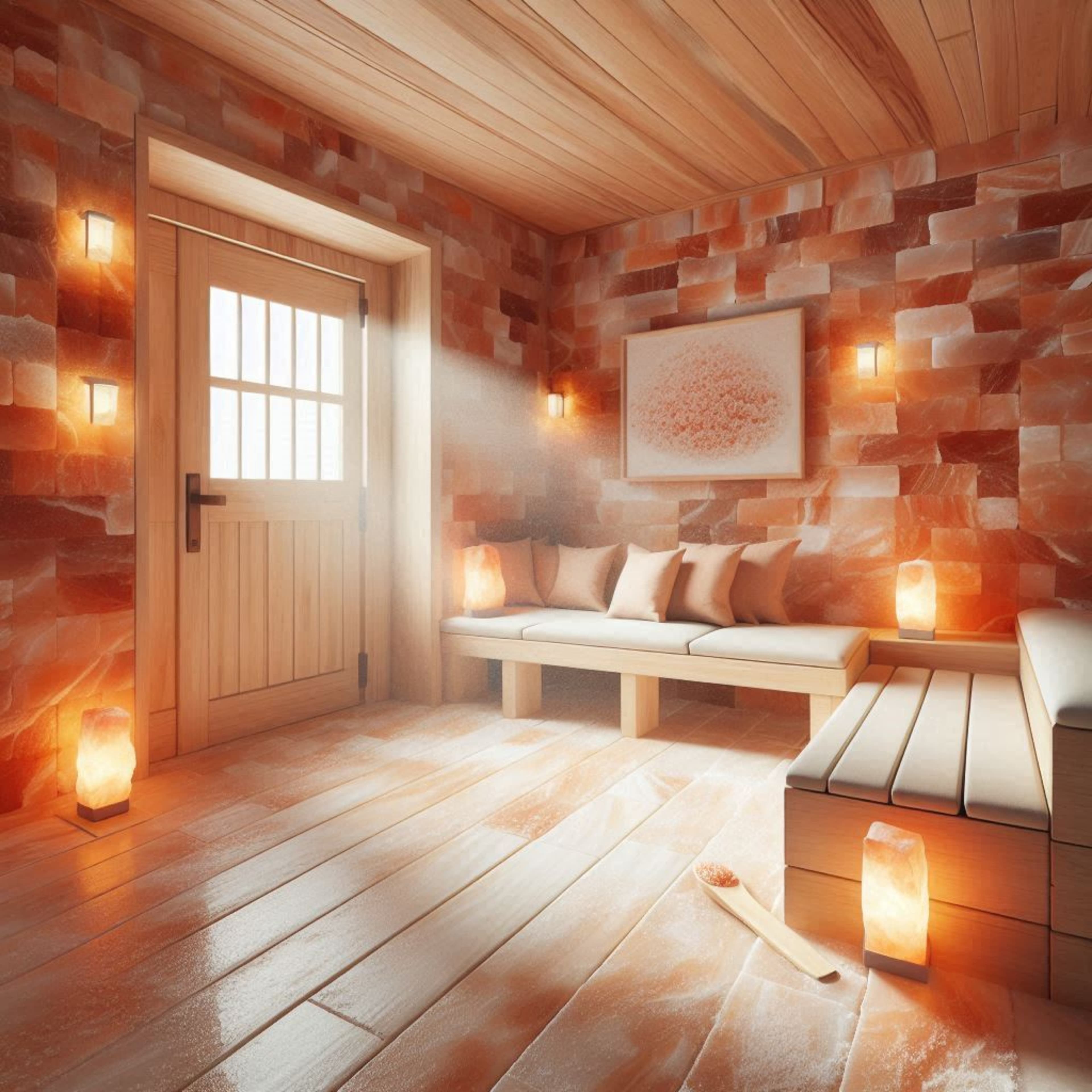 Warmer Salzraum mit Licht und Holzbänken
